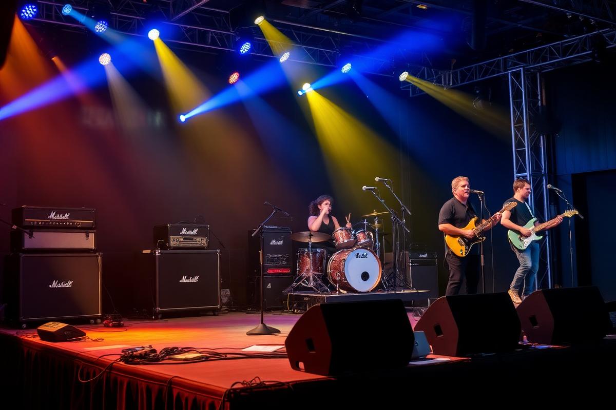 Band performing on a professionally built stage with backline