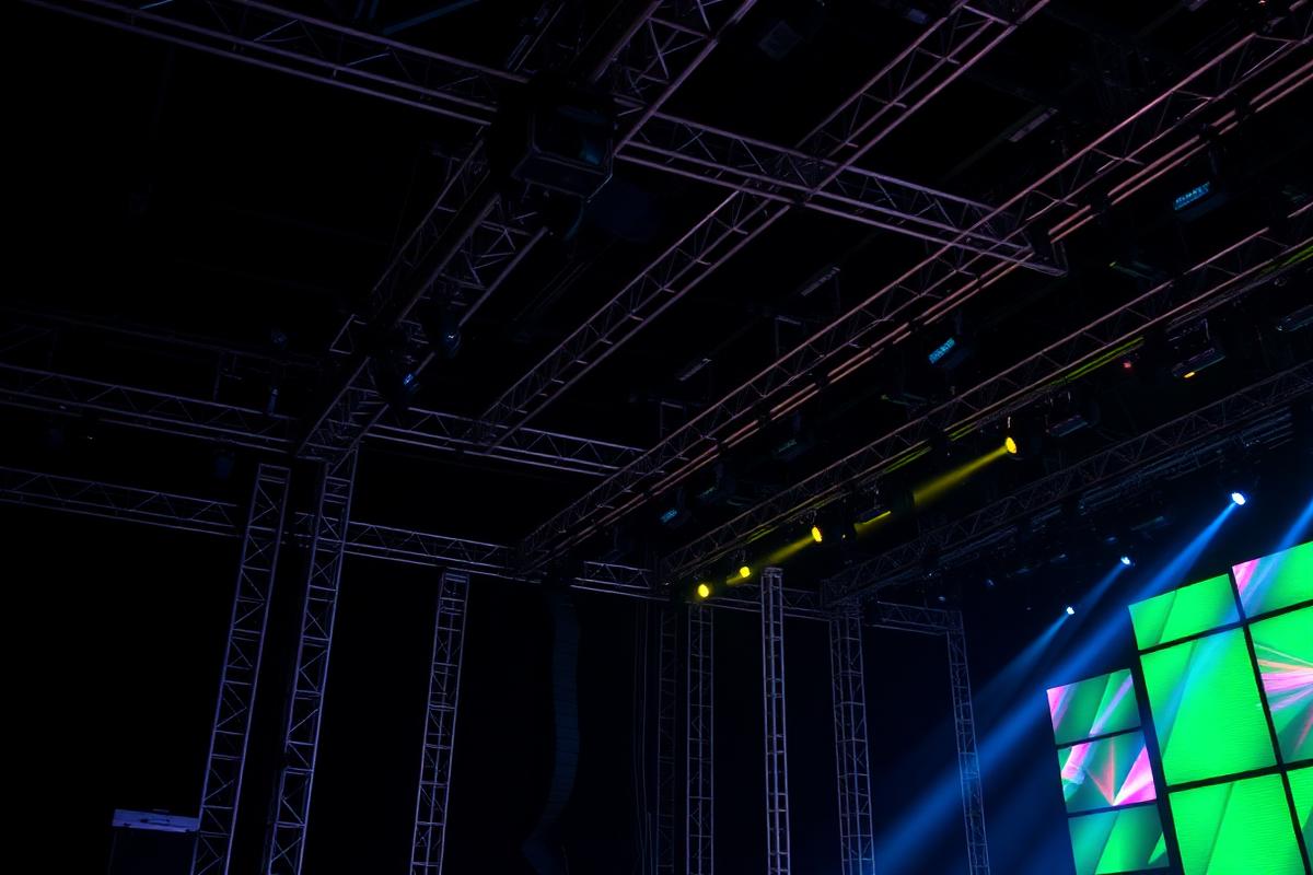 Concert stage rigging with truss and LED wall panels