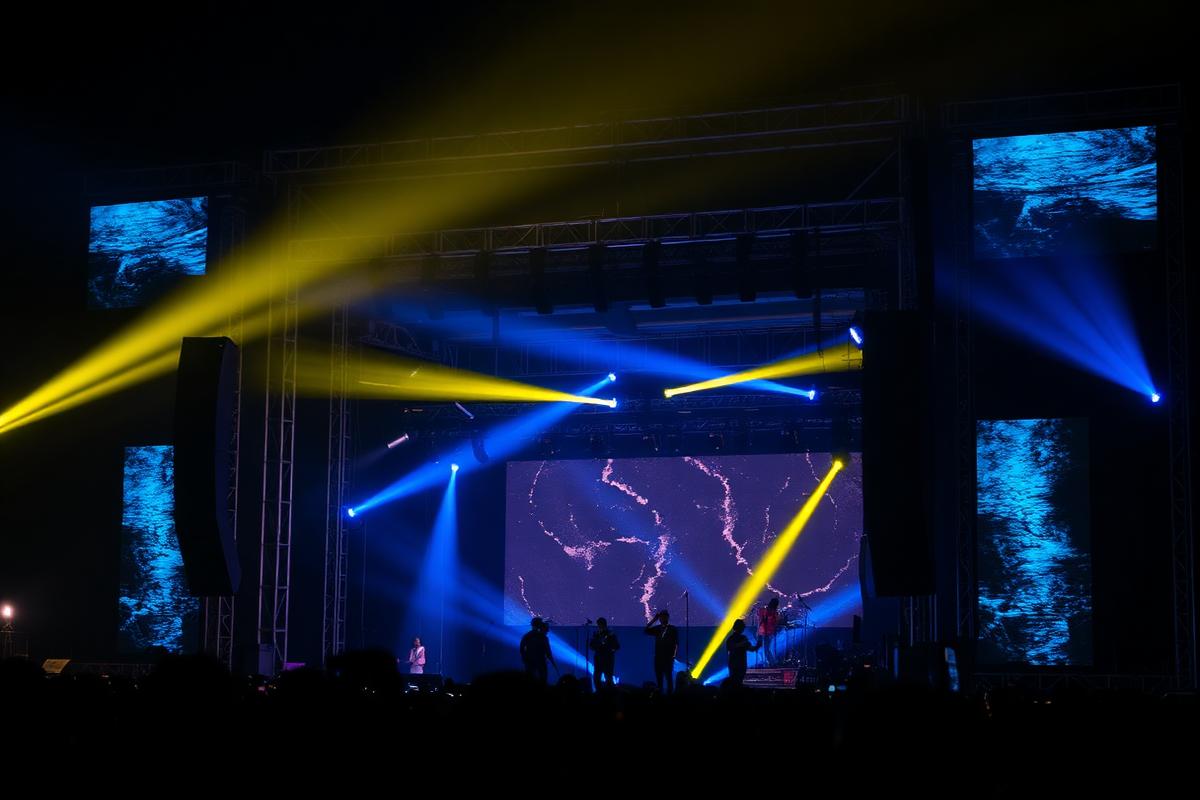 Outdoor festival stage with LED wall and blue and yellow lighting