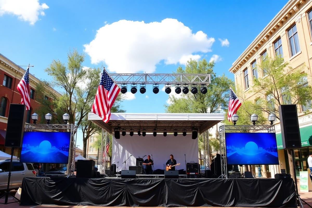 Municipal event stage setup in a town square with American flags